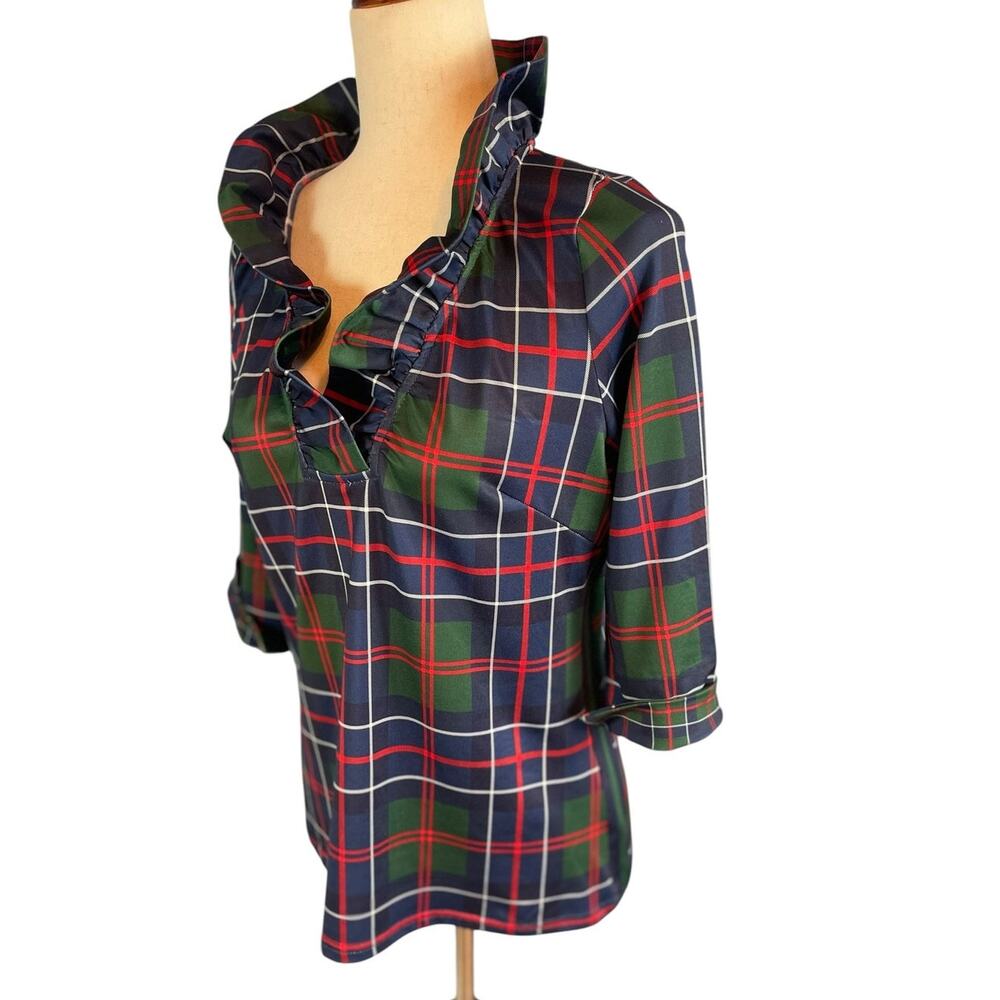 Gretchen Scott Ruffle Neck 3/4 Sleeves Top Balmoral Plaid Multi Small - Picture 4 of 8